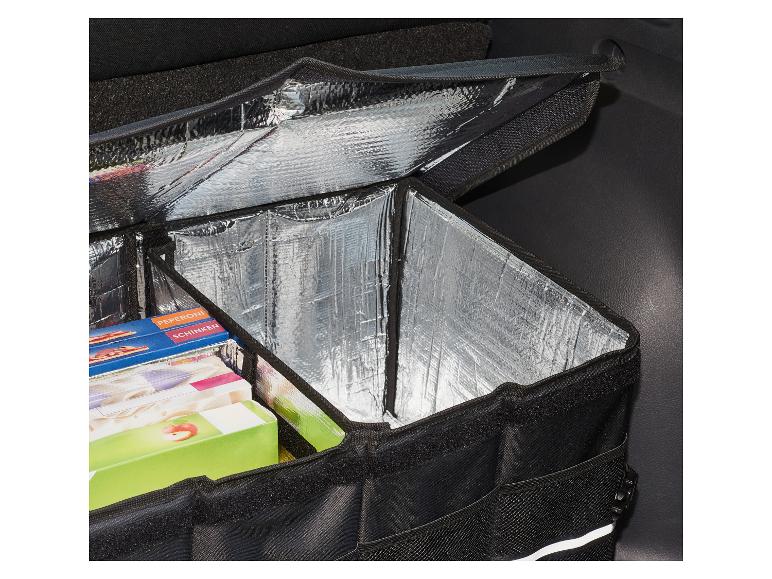 Auto koelbox met pizza's en voedselcontainers.