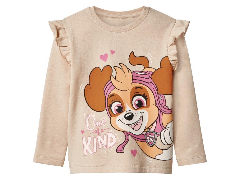 Beige kinder shirt met lange mouwen, ruches op de schouders en een Paw Patrol Skye print.