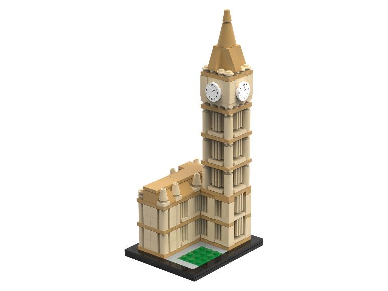 Big Ben klokkentoren gemaakt van beige en bruine bouwstenen, met een klok aan elke kant.