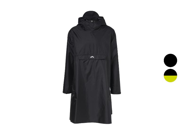 Zwarte regenponcho met capuchon en voorzak, met zwarte en geel-zwarte kleuropties.