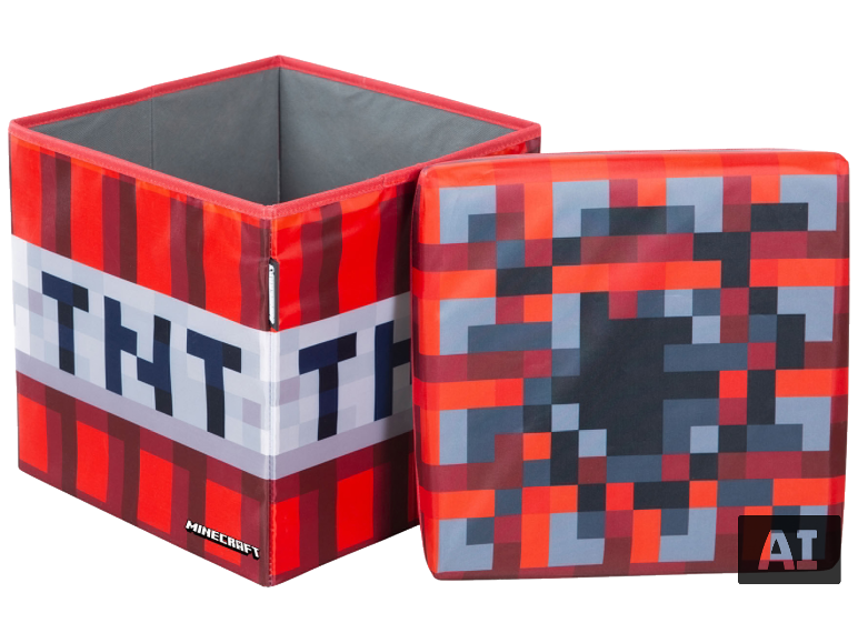 Twee Minecraft TNT-dozen, één open, één gesloten, met een pixelontwerp.