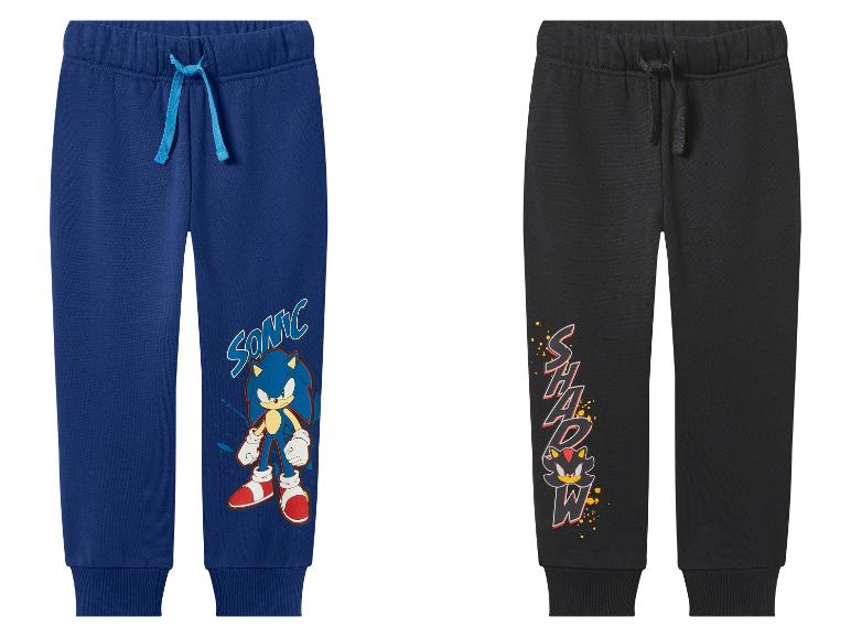 Twee kinderjoggingbroeken: blauw met Sonic en zwart met Shadow.