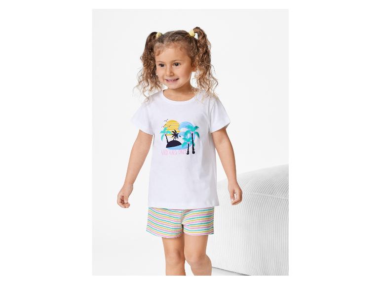 Kinderpyjama: wit t-shirt met tropische print en gestreepte short.