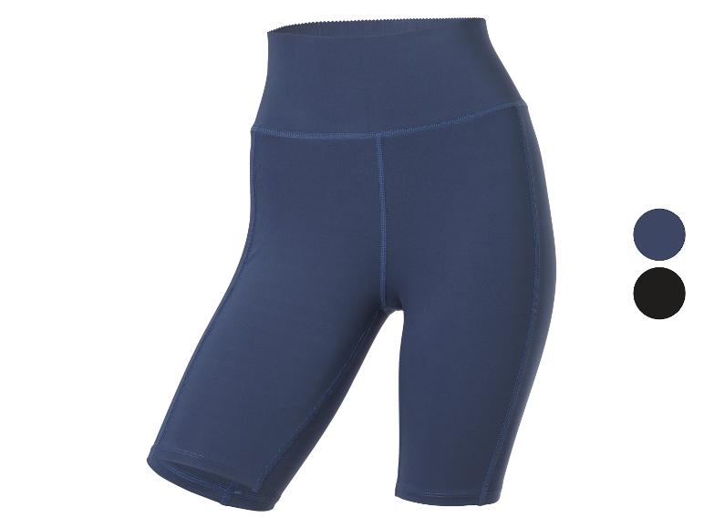 Donkerblauwe high-waisted fietsbroek met zichtbare naden, met blauwe en zwarte kleurstalen.
