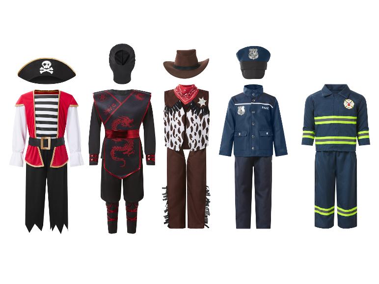 Vijf kinderkostuums: piraat, ninja, cowboy, politieagent en brandweerman.