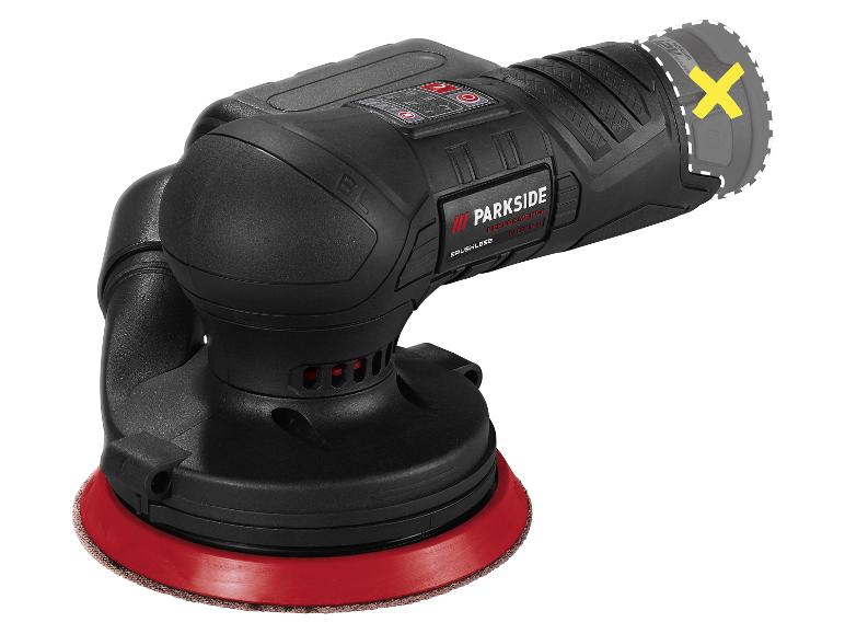 Zwarte Parkside Performance excentrische schuurmachine met een rode schuurpad