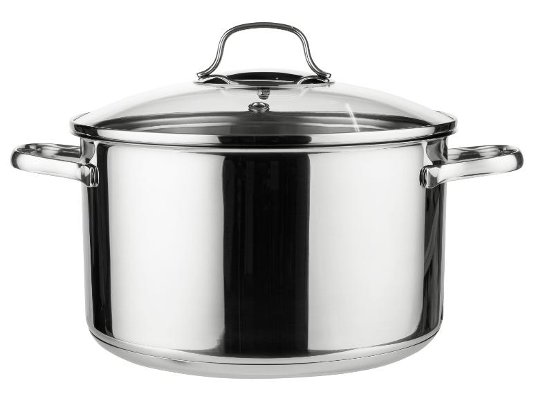 Roestvrijstalen pan met transparant glazen deksel en zijhandvatten.