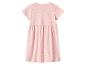 Roze kinderjurk met stippen, korte mouwen en een geplooide rok.