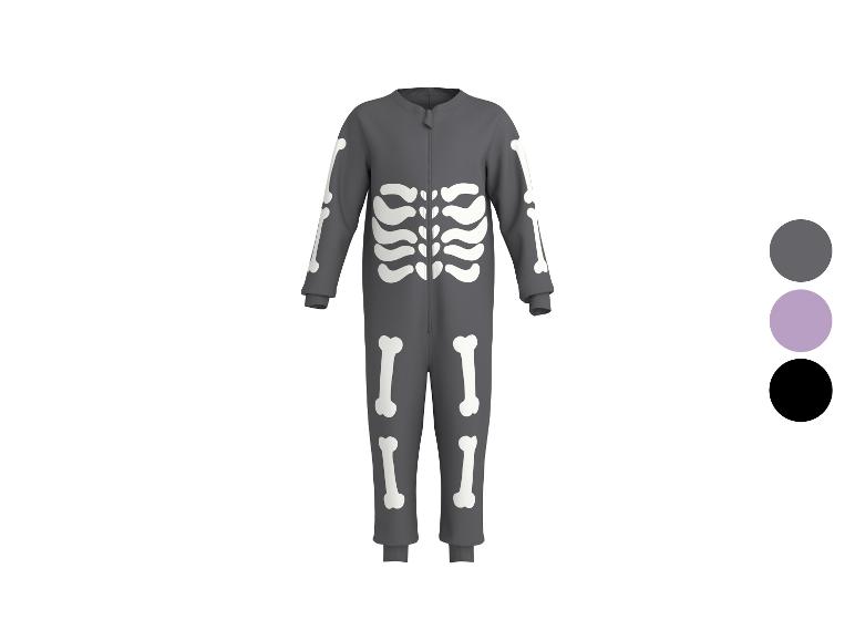 Grijze skelet onesie met witte botten, verkrijgbaar in grijs, paars en zwart.