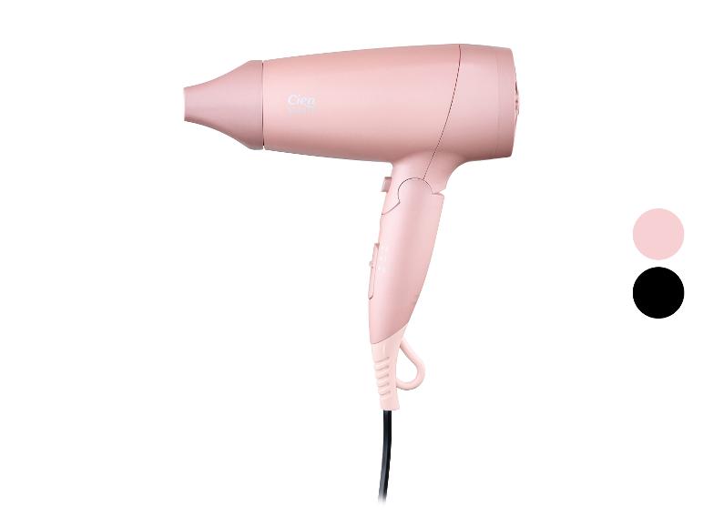 Roze föhn met zwarte details en een kleurkiezer.