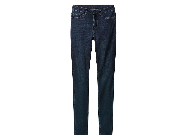 Donkerblauwe denim jeans met een lichte vervaging op de dijen.