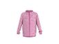 Roze jas met rits, opstaande kraag en gestreept patroon.