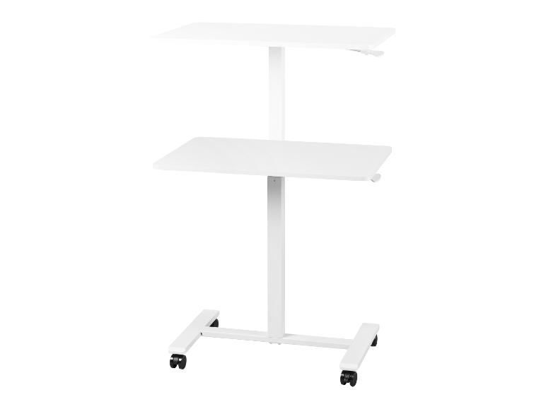 Witte mobiele computerkar met twee planken en wielen.