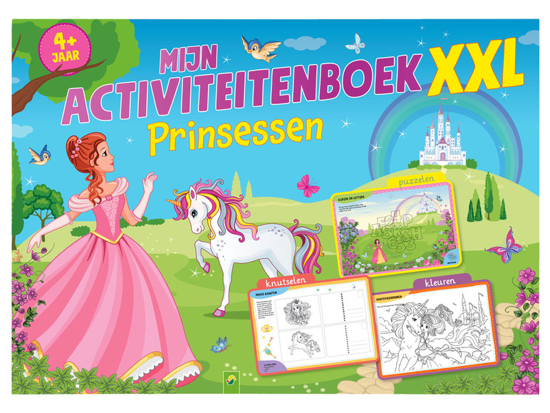 Een boek met activiteiten voor meisjes met prinsessen en eenhoorns.