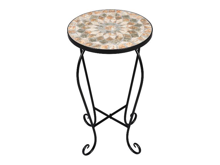Zwart metalen plantenstandaard met rond mozaïek tafelblad in aardetinten.