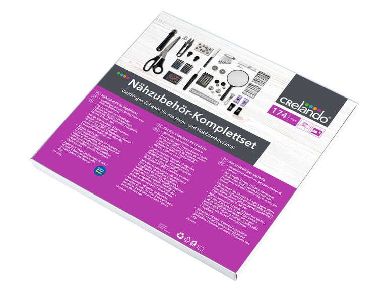 Naaigarenset met 174 onderdelen van Crelando, inclusief naalden, scharen en knopen.