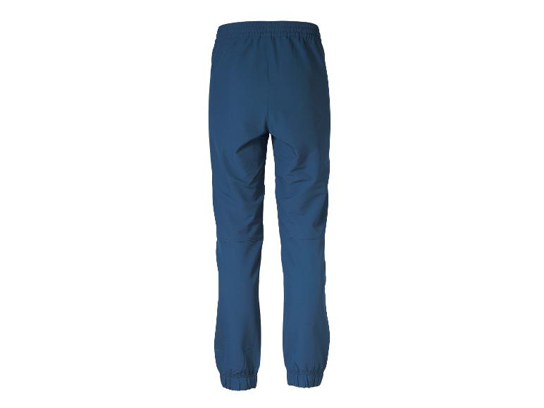 Donkerblauwe sportbroek met elastische tailleband en boorden, achteraanzicht.