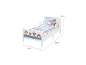 Kinderbed met cartoonfigurenprint, afmetingen 140x70 cm, hoogte 63 cm.