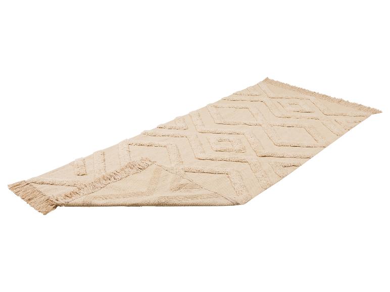 Beige vloerkleed met geometrisch ruitpatroon en franjes