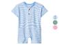 Babyromper met blauw-witte strepen, korte mouwen en twee knopen