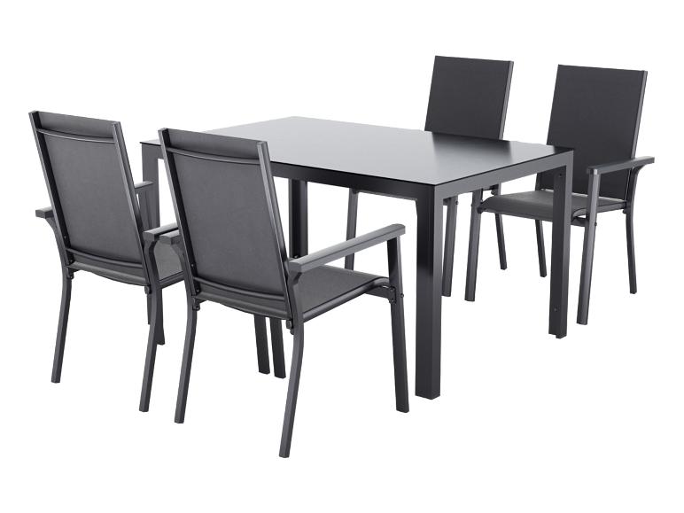 Tuinmeubelset met donkergrijze tafel en vier stoelen met armleuningen.