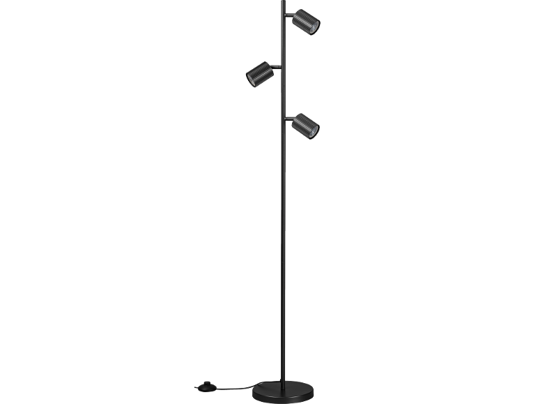 Zwarte vloerlamp met drie verstelbare spots en een ronde voet