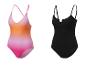 Tweedelige badpakken: één met roze ombre en één effen zwart.