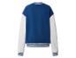 Blauw en grijs sweatshirt met raglanmouwen en gestreepte manchetten, achteraanzicht.