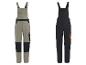 Twee werkoveralls in beige en zwart met oranje accenten.