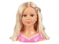 Een blonde poppenkop met lang haar, geschikt voor kapspelen.