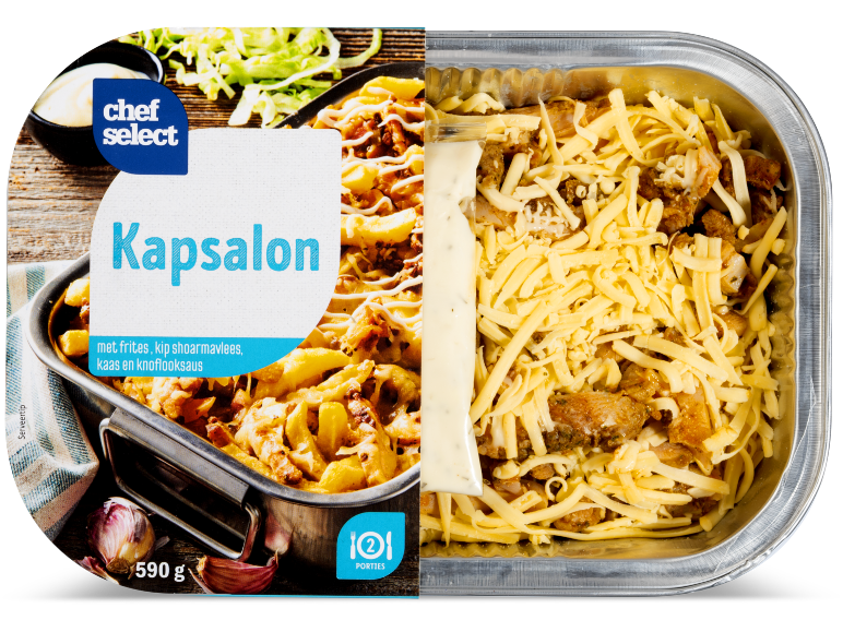 Chef Select & You Kapsalon kant-en-klaarmaaltijd met frites, kipshoarma, kaas en knoflooksaus.