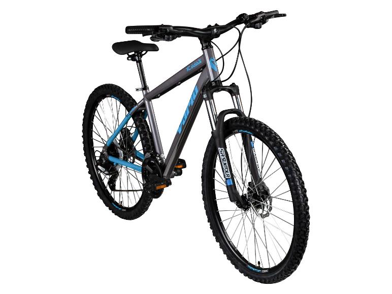 Grijze en blauwe mountainbike met zwarte banden en SR Suntour vering.