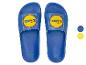 Blauwe slippers met een geel logo met blauwe en rode tekst 'LIDL'.