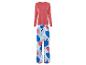 Een roze longsleeve en broek met blauwe en roze print.