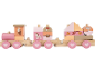 Houten speelgoedtrein in pastelkleuren met dieren- en natuurmotieven.
