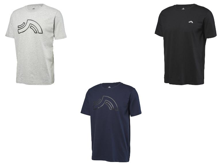 Drie Crivit heren T-shirts in grijs, zwart en donkerblauw.