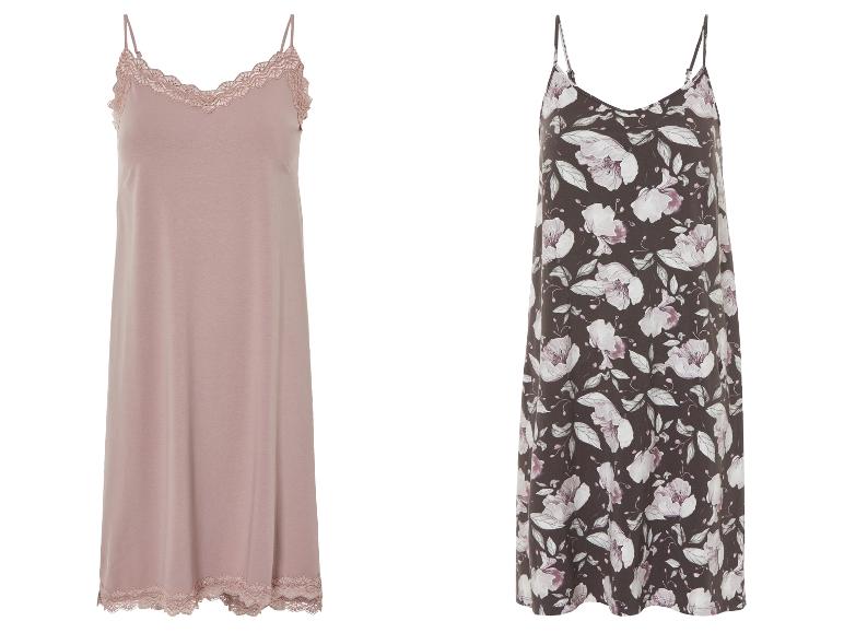 Twee camisoles: een poederroze met kant, een ander met bloemenprint.