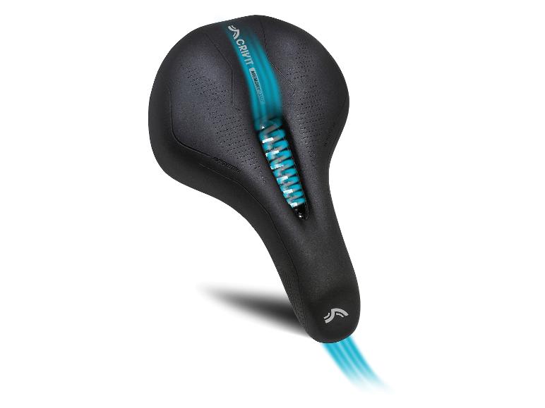 Zwart fietszadel met blauw accent en de tekst 'MEMORYFOAM'