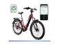 Rode elektrische fiets met rit-app die kaart en gegevens toont.