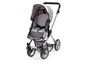 Een grijze kinderwagen met roze details.