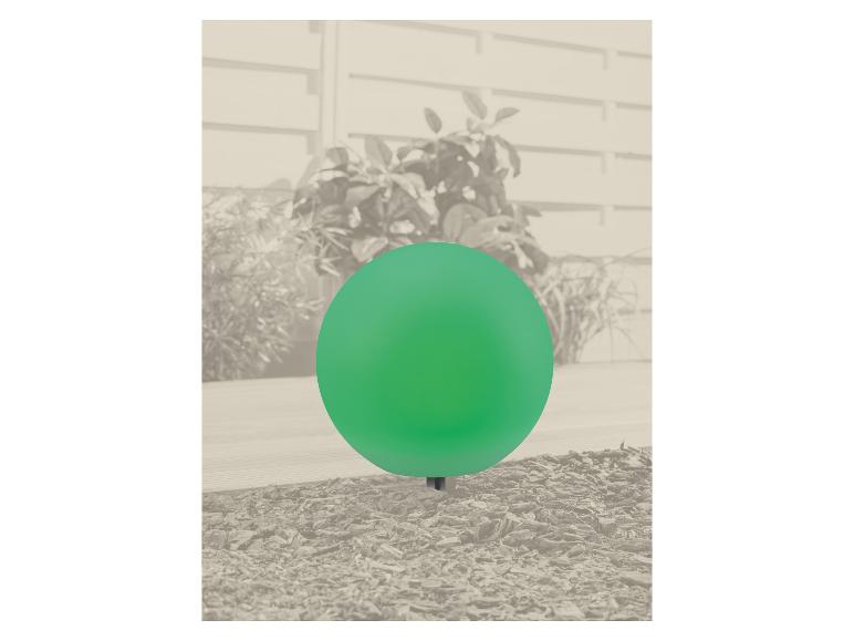 Groene bolvormige tuinlamp tegen een achtergrond van een houten schutting en planten.
