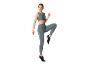 Vrouw in sportbeha en legging in hardloophouding.
