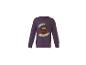 Paars shirt met lange mouwen met kat op pompoen en 'Happy Meoween' opdruk.