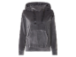 Donkergrijze velours hoodie.