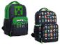 Twee zwarte rugzakken met groene accenten en prints van videogamepersonages.
