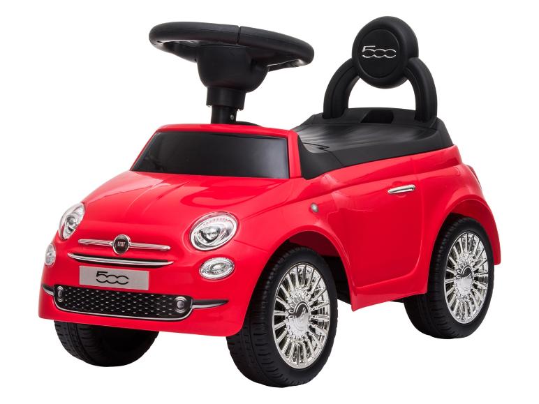 Rode loopauto met zwart stuur en zitting, met chroomkleurige wielen.
