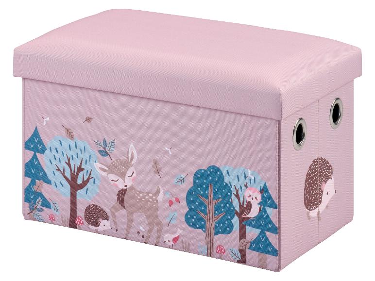Een roze opbergkruk voor kinderen met een bosdierenontwerp.