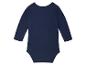 Donkerblauwe baby romper met lange mouwen.