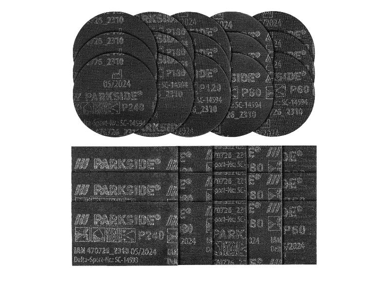 Ronde en rechthoekige schuurschijven met verschillende korrelgroottes, waaronder P240, P180, P120 en P60.