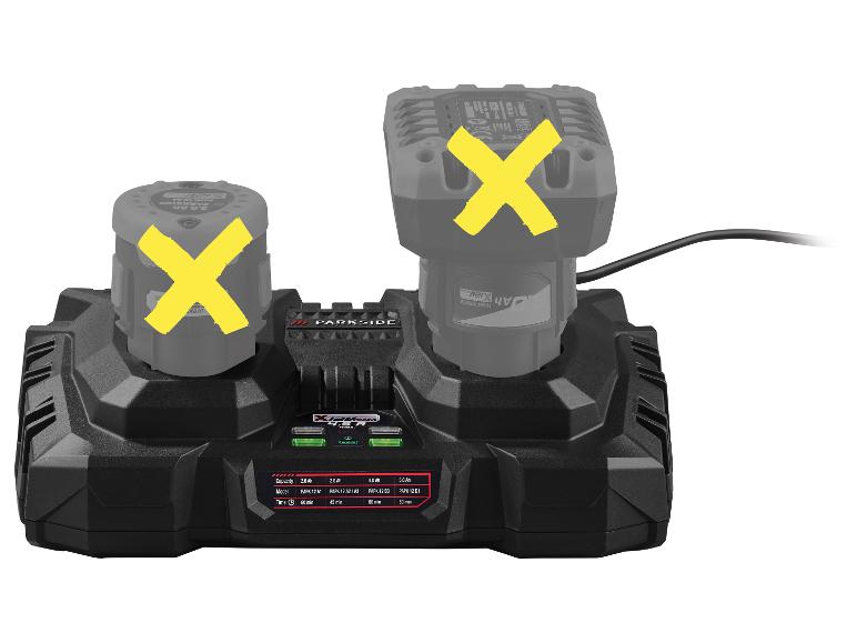 Parkside dubbele lader voor elektrische gereedschapsbatterijen.